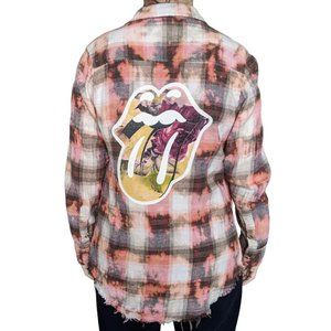 Rolling Stones Music Artist Band Custom Upcycled Flannel Button Down Shirt Sz S